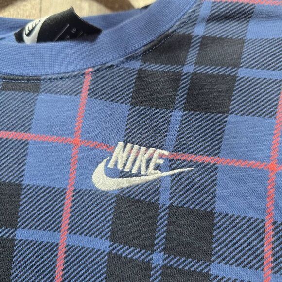 Nike Women's Size XS Plaid Tartan Crew Neck Logo Sweatshirt Blue Black - Picture 3 of 6